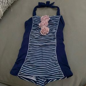 Janie & Jack size 3T navy blue pinstripe vintage style girls bathing suit